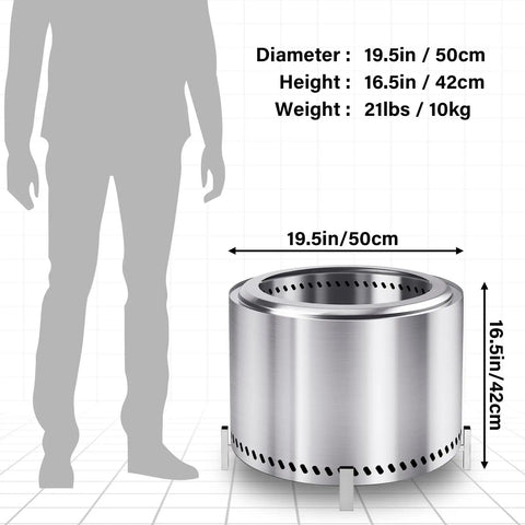 19.5-inch stainless steel 20 Inch Smokeless Patio Fire Pit For Backyard Hangouts, Garden And Patio dimensions illustration