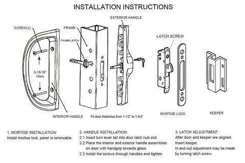 Installation instructions for Replacement Patio Sliding Door Handle Set With Mortise Lock And Key Cylinder Keeper Fits Door Thickness From 1.5 To 1.75 Inches White