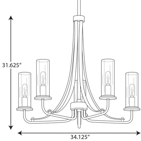 Diagram of Riley Collection 5 Light Clear Glass Traditional Chandelier In Brushed Nickel With Polished Chrome Accents dimensions