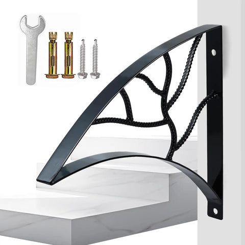 Badass Black Wrought Iron Porch Handrail With Dope Leaf Style Wall Mounted Stair Grab Rail, detailed view with mounting hardware.