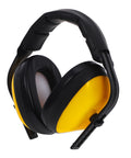 Lock Down Every Distraction Heavy Duty Noise Reduction Earmuffs side view with yellow ear cups, adjustable headband for comfort.