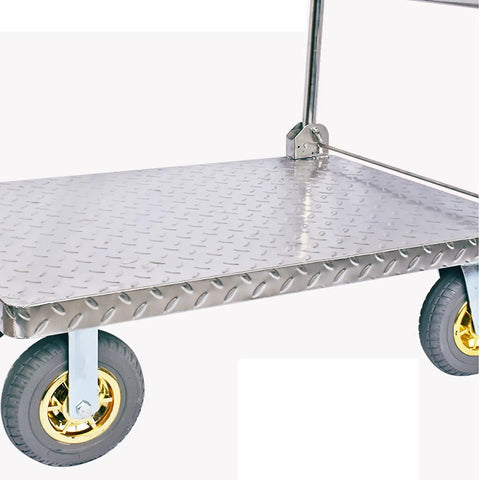 Beefy Heavy Duty Stainless Steel Hand Cart Platform Cart With Foldable Handle And Silent Rotating Wheels For Smooth Stable Hauling Of Big Loads On Any Job Site Home Garage Warehouse Or Shop Floor Built Tough For Long Lasting Use, stainless steel platform, close-up