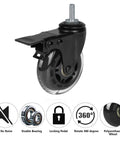 Three Inch Rubber Caster Wheels With Two Brakes Heavy Duty Swivel Castors For Furniture And Hardwood Floors Five Sixteenth Inch Threaded Stem One Inch Length Set Of Four Quiet Smooth Rolling shown with no noise and locking pedal features.