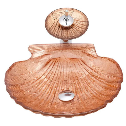 Artistic Bathroom Vessel Sink Shell Shaped Crystal Glass Wash Bowl Sink Counter Top Installation Bathroom Vanity Sinks With Faucet & Pop-Up Drain - top view with waterfall tap