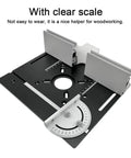 Heavy Duty Aluminum Router Table Insert Plate With Precision Center Bushing For Rock Solid Professional Woodworking Milling and Slick Flip Board Trimming Shop Rig, featuring clear scale and alignment guides.
