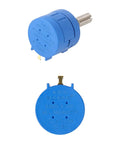 Three Piece Set Of 10k Ohm 10 Turn Rotary Potentiometers With Wire Wound Precision shown close-up with blue casing and terminals.