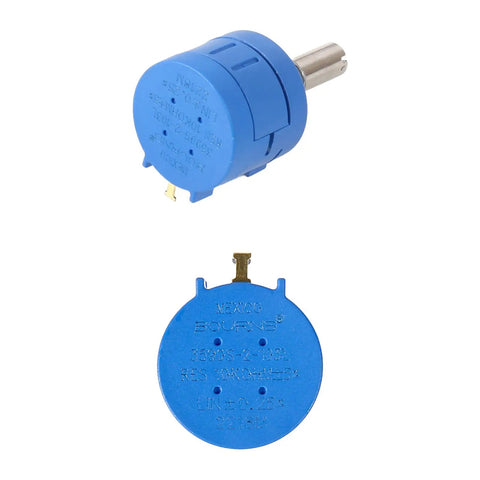 Three Piece Set Of 10k Ohm 10 Turn Rotary Potentiometers With Wire Wound Precision shown close-up with blue casing and terminals.