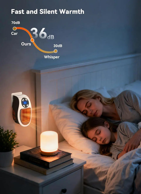 Portable 450W Plug In Heater With Remote on bedroom wall, clear LED display, warming sleeping mother and child