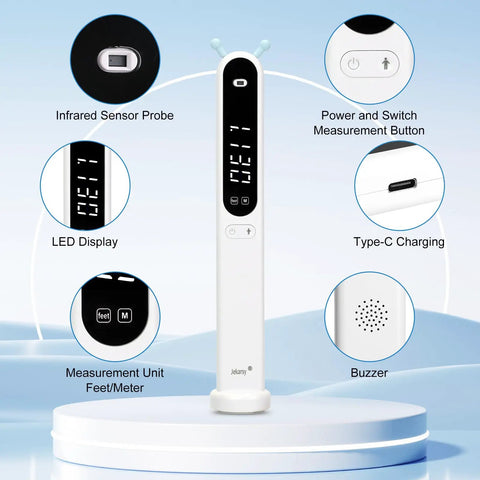 Portable Infrared Height Measurer For Kids And Adults With Quick Three Second Read In Feet And Meters Super Handy Cordless Handheld Wall Mounted Height Gauge Reaches Up To Two Hundred Forty Centimeters with LED display