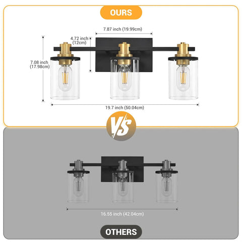 Comparison of Three Light Black And Gold Bathroom Vanity Light Fixtures Over Mirror with clear glass shade for modern decor.