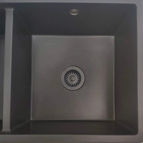 Matte Black Three And A Half Inch Sink Drain Assembly With Basket Strainer And Stopper For Quartz Granite Or Fireclay Kitchen Sinks Easy Install Durable Polymeric Construction in kitchen sink top view