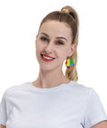 Chic Colorful Grid Print Dangle Earrings For Women totally lightweight silver plated ear hooks worn by a smiling woman.