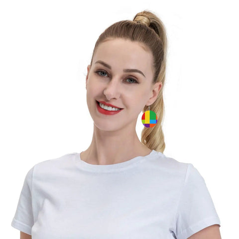 Chic Colorful Grid Print Dangle Earrings For Women totally lightweight silver plated ear hooks worn by a smiling woman.