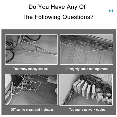 Image showing messy cables in four sections illustrating common cable management issues, highlighting need for Stainless Steel Square Cable Trunking Wire Conduit Snappy Cord Cover Raceway.