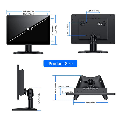 7 To 12 Inch CCTV Security Monitor Screen Black High Definition Display For Live Surveillance 10.1 inch size dimensions