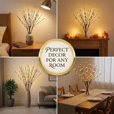 Two Pack Battery Operated LED Willow Branch Lights For Vase Decor, 30 Inch Lighted Brown Twig Branches on tables and mantels