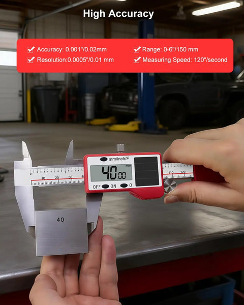 Person using Solar Powered Digital Caliper 6 Inch, 0.001 Inch Precision, stainless steel on metal block in workshop