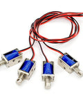Four Tiny 12V Micro Push Pull Solenoid Electromagnets with metal bodies and wires, shown in open frame design for small automation projects.
