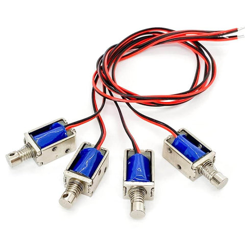 Four Tiny 12V Micro Push Pull Solenoid Electromagnets with metal bodies and wires, shown in open frame design for small automation projects.