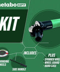 Four And A Half Inch Angle Grinder With Five Grinding Wheels And Hard Case, 6.2 Amp Motor, kit contents displayed.