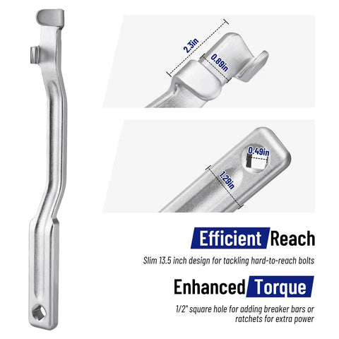 Workhorse Offset Wrench Extender Tool Set With 13.5 Inch Length, side view showing dimensions and square drive adapter