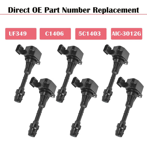 6 ignition coil packs set for V6 engines compatible with Nissan Altima Maxima Murano model years 2002-2009, direct OEM replacement