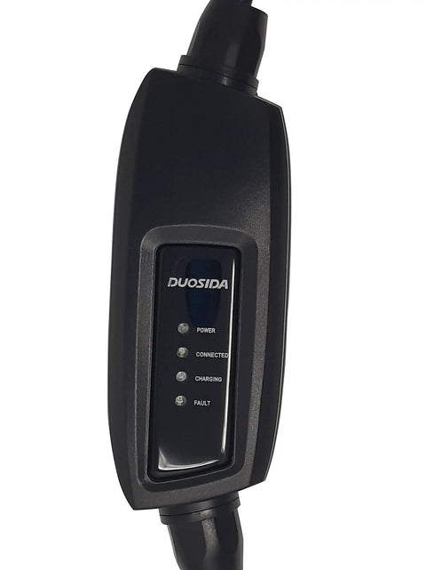 Detail of a Straight Up Heavy Duty Level 1 Plus 2 EV Charger With 25 Ft Cable showing power and status indicators.