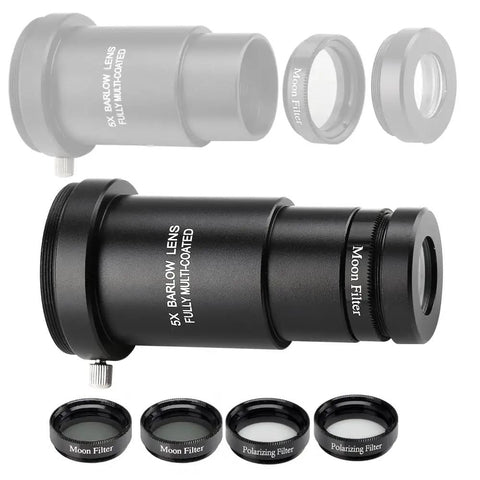Comprehensive One Point Twenty Five Inch Telescope Eyepiece Set With 4mm 10mm And 20mm Lenses Five X Barlow Lens Moon Filters Polarizing Filters