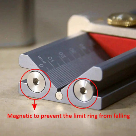Close-up of magnetic feature on Three In One Handy Measuring Gauge Set For Drills, Depth Stop, Drill Point Angle Gauge.