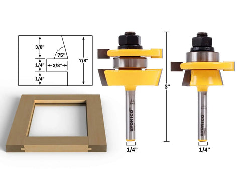 Pro Grade Cabinet Door Rail and Stile Router Bit Set for Shaker Frames, 1/4 inch shank, 3/8 inch depth, with measuring diagram