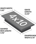 Dimensions diagram of Scroll Design Floor Register 4x10 In Textured Black 8 Pack Decorative Steel Floor Vent with damper box.