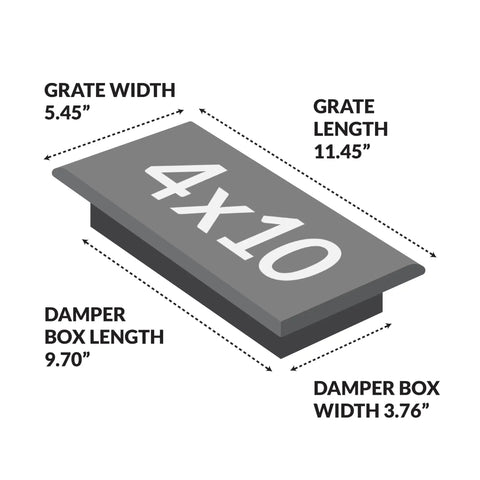 Dimensions diagram of Scroll Design Floor Register 4x10 In Textured Black 8 Pack Decorative Steel Floor Vent with damper box.
