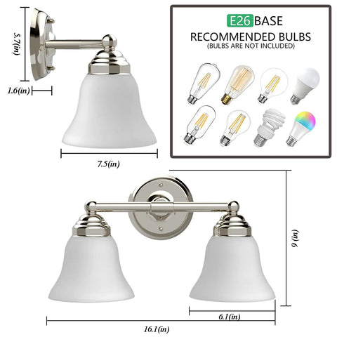Two Light Chrome Vanity Wall Sconce Lighting With Frosted Glass Shade dimensions and E26 bulb recommendations.
