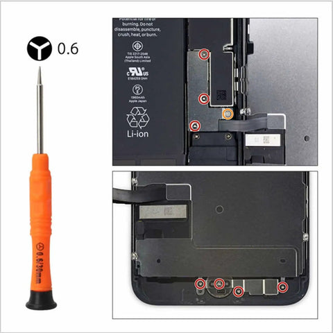 Tri-wing screwdriver from 18 In 1 Phone Screen Repair Kit With Suction Cup Pliers And Precision Screwdriver Set for iPhone shown with highlighted screws.