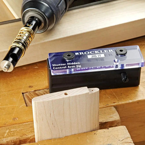 Hidden Control Arm Jig Kit for Shutter System With Self Centering Drill Bit and Easy Hole Alignment on wooden surface