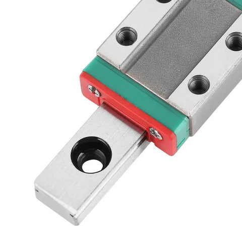 Close-up of MGN9C Linear Guide Rail 150mm Steel Linear Motion Rail with 2 Pro Grade Blocks for CNC Routers, showcasing metal finish and holes.