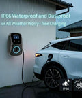 Beefed Up Level 2 EV Charger 48A 240V With 25 Ft Cable Hardwired ETL Listed For Tesla And J1772 EVs, Up To 46 Miles Per Hour Fast Charging, CA LADWP Rebates Eligible, Local Install Available After Zip Code shown charging in rain, highlighting IP66 waterproof feature.