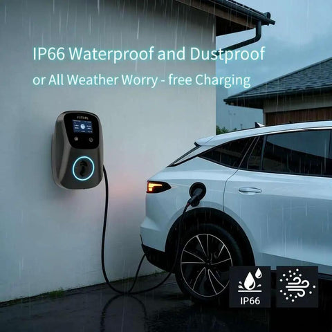 Beefed Up Level 2 EV Charger 48A 240V With 25 Ft Cable Hardwired ETL Listed For Tesla And J1772 EVs, Up To 46 Miles Per Hour Fast Charging, CA LADWP Rebates Eligible, Local Install Available After Zip Code shown charging in rain, highlighting IP66 waterproof feature.
