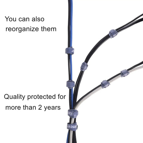 Reusable Cable Straps and Wire Ties Pack of 50, 8 Inch Adjustable Cord Fasteners organizing black and blue cables