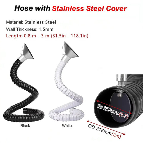Heavy Duty Flexible Fume Extraction Arm With Precision Dust Removal Hood And Complete Hose Pipe Fitting Kit For Smooth Smoke And Dust Collection In Any Workshop 2 Inch 10 Foot White image showing black and white flexible hoses with stainless steel covers.