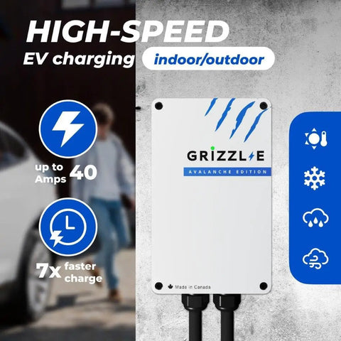 Heavy Duty Level Two Electric Charger With Forty Amp Juice Ul Certified Indoor Outdoor Wall Mount Charging Station Nema 14 50 Plug And 24 Foot Cord For Plug And Play Fast Charge Always, shown mounted, featuring charging icons.
