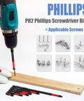12 Pack Phillips Bits And Magnetic Screwdriver Bit Set With Heavy Duty S2 Steel PH2 Drill Bits holding a screw into wood.
