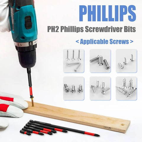 12 Pack Phillips Bits And Magnetic Screwdriver Bit Set With Heavy Duty S2 Steel PH2 Drill Bits holding a screw into wood.