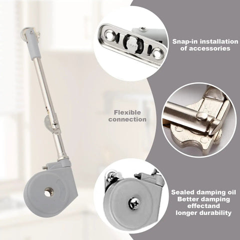 Close-up of Two Pack Toy Box Hinges With Soft Close And 105 Degree Lid Stay, showing zinc alloy, ABS material, and mechanism details