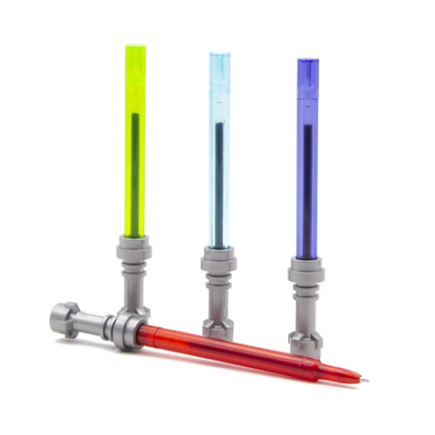 LEGO Star Wars Lightsaber Gel Pen Set 4 Pack collectible gel pens with colorful lightsaber designs standing on a surface.