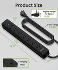 The Real Deal Smart Plug Power Strip With Six Individually Switched Outlets And Three USB Ports Offering Thirty Watt Fast Charge Surge Protector Alexa And Google Home Compatible Energy Monitor Six Foot Cord with dimensions and design features.