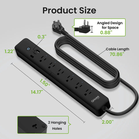 The Real Deal Smart Plug Power Strip With Six Individually Switched Outlets And Three USB Ports Offering Thirty Watt Fast Charge Surge Protector Alexa And Google Home Compatible Energy Monitor Six Foot Cord with dimensions and design features.