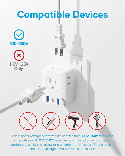 Seven In One Foldable European Travel Plug Adapter With Four AC Outlets And Three USB Ports Type C plugged into wall socket