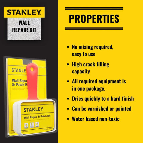 Stanley wall repair and patch kit with spackle, putty solution for wall hole repair, no mix formula, DIY home fix, smooth finish.