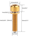 Top Shelf Titanium Hex Screws with Stigma Chamfer Heads plus Washers M5x18mm showing dimensions and gold finish.
